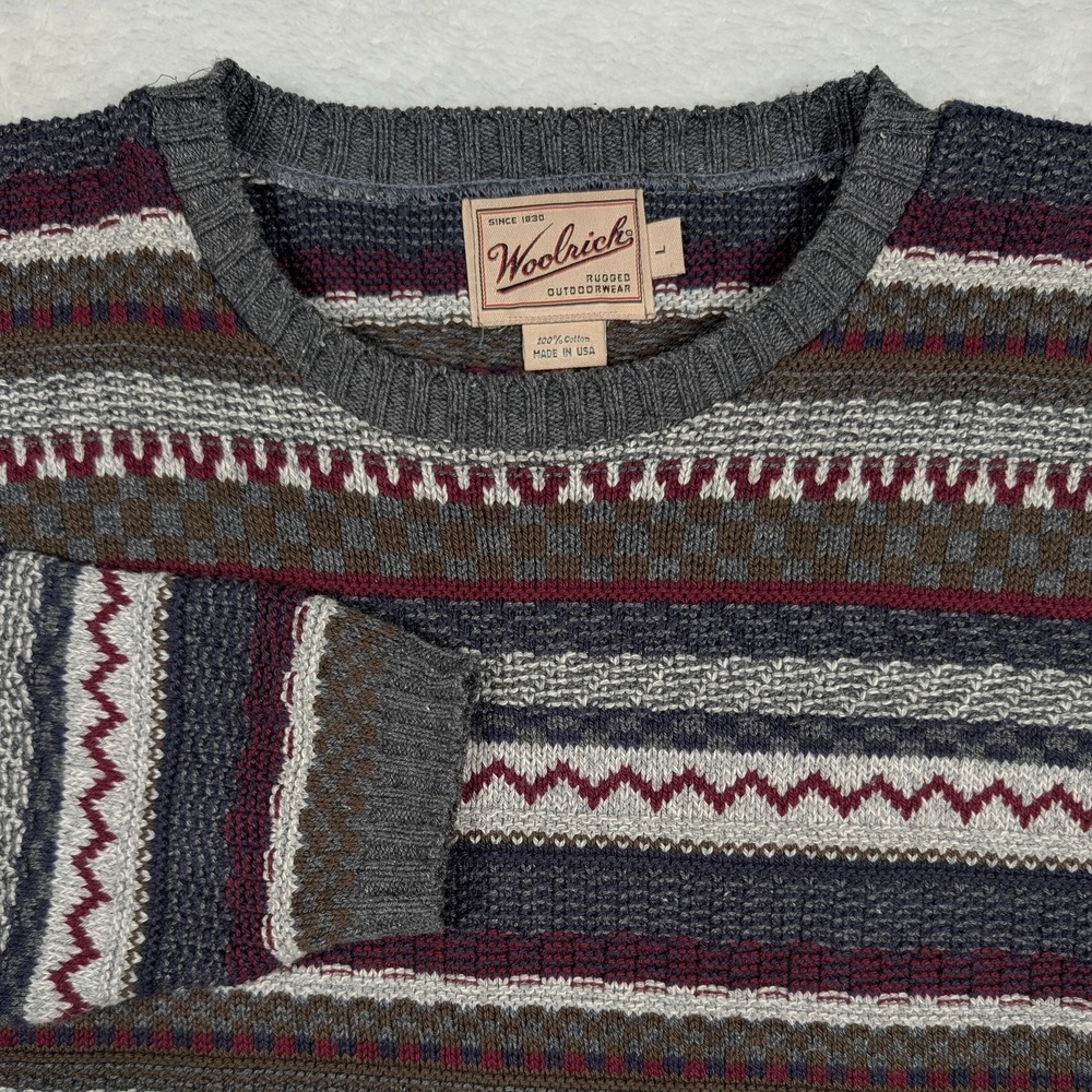 Vintage Woolrich Sweater Mens Large Fair Isle Stripe Cotton Knit Made USA